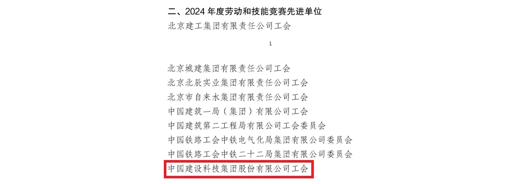 喜报！中国建科工会荣获2024年度北京市劳动和技能竞赛先进单位